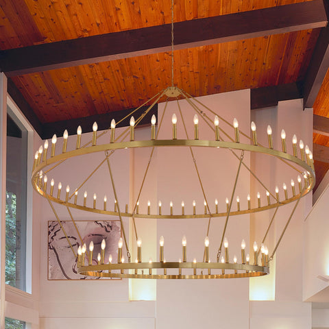 2-Tier Gold Wagon Wheel Chandelier 98 Inch 88-Lights - Farmhouse Rustic Round Extra Large Chandelier for High Ceilings