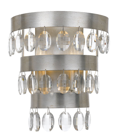 2 Light Antique Silver Transitional Sconce Draped In Clear Elliptical Faceted Crystal - C193-6102-SA
